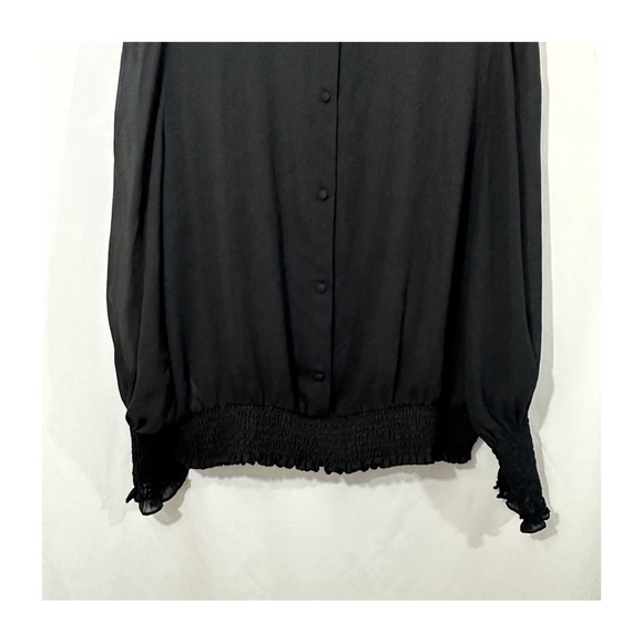 Frame Ruffle Smocked Long Sleeve Mock Neck Blouse in Black - Picture 6 of 11